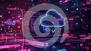 Futuristic Cloud Computing on Laptop Screen with Coding, Data Streams, Cybersecurity and Glowing Network