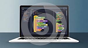 A laptop displays a coding interface with a graphical programming environment.