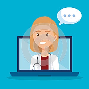 Laptop with doctor character and telemedicine icons