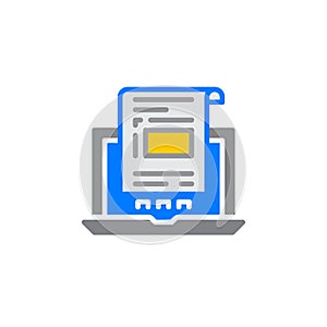 Laptop with document, invoice icon vector, filled flat sign, solid colorful pictogram isolated on white.