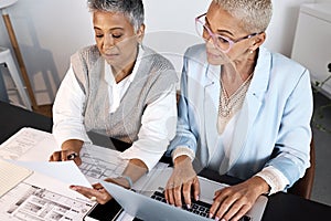 Laptop, documents or collaboration with a woman architect and designer working together in the office. Computer