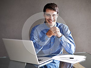 Laptop, documents and portrait of business man in office for proposal, project review and report. Professional