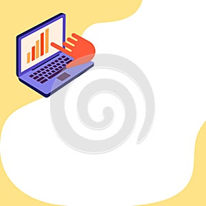 Laptop Drawing Showing Graph Growth Hand Pointing Screen. Notebook Computer Design Displaying Growing Chart Finger