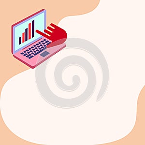 Laptop Drawing Showing Graph Growth Hand Pointing Screen. Notebook Computer Design Displaying Growing Chart Finger