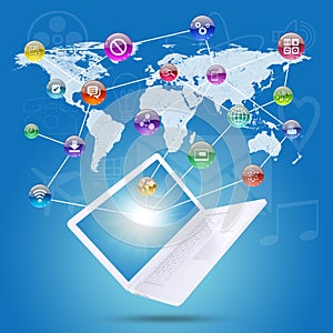 Laptop, earth map and application icons