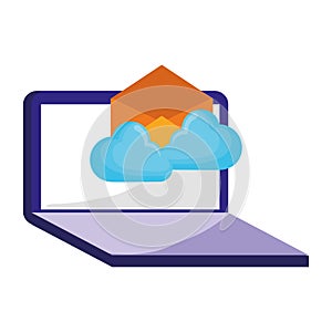 Laptop email cloud computing on white background