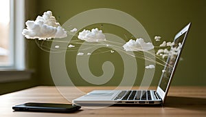 Laptop emitting clouds symbolizing cloud computing and data transfer