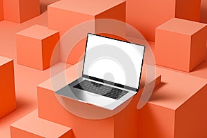 Laptop with an empty screen on an abstract background with cubes arranged in an irregular manner