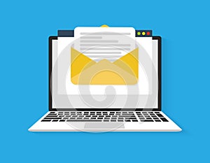 Laptop with envelope and document on screen. E-mail, email icon