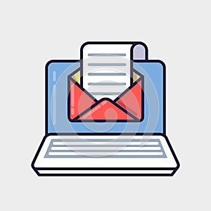 Laptop with envelope and read email on screen. Email marketing, internet advertising concepts. Line vector illustration.