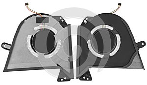 Laptop fan, active cooling system, spare parts for a computer, on a white background, view from two sides