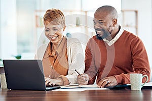 Laptop, finance or black woman and man with financial documents, investment research or planning life insurance. Finance