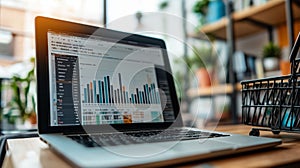 Laptop with financial dashboard displayed in modern office setting photo