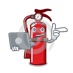 With laptop fire extinguisher character cartoon