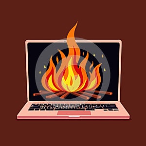 Laptop on fire, indicating computer overheating and failure, vector illustration