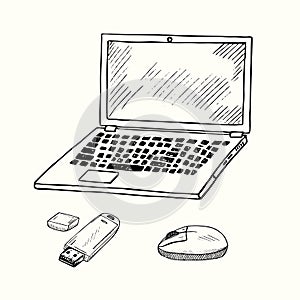 Laptop, flash drive and computer mouse, hand drawn doodle, drawing in gravure style, sketch illustration