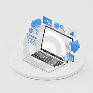 Laptop with Floating Icons Representing Data and Technology on a White Platform computer
