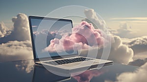 A laptop floating in pastel pink and blue fog with dreamy clouds in the background