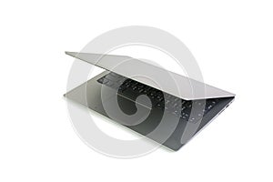 Laptop with fold screen down isolated on white background. Notebook computer with clipping path