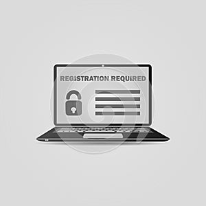 Laptop with a form template registration screen. Realistic open laptop with white aluminium body. Modern glossy laptop. Vector ill