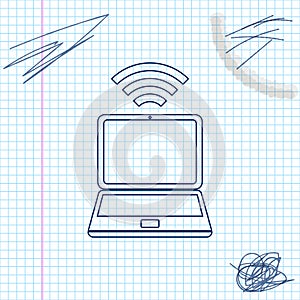 Laptop and free wi-fi wireless connection line sketch icon isolated on white background. Wireless technology, wi-fi