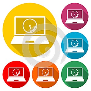 Laptop front view and internet speed icon or logo, color set with long shadow