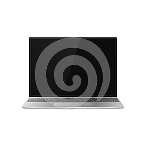 Laptop front view. Laptop with shadow isolated on white background. Laptop design with black display and gray keyboard. Vector