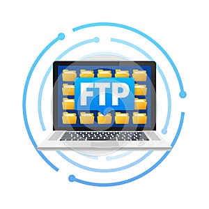 Laptop with FTP File Transfer Protocol interface displaying folders for web and data transfer concepts