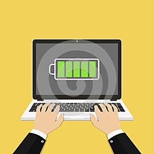 Laptop with full battery sign on screen. Hands on the laptop. Vector Illustration