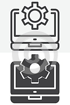 Laptop with gear line and solid vector icon set