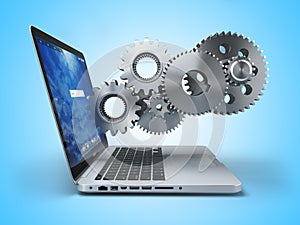 Laptop and gears. Computer technology, online support pc service