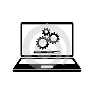 Laptop and gears icon with update screen. Update process, install new software, operating system, update support, setting options