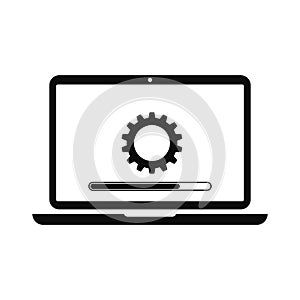 Laptop and gears icon with update screen. Update process, install new software, operating system, update support, setting options