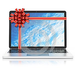 Laptop gift tied with ribbon