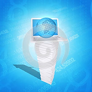 Laptop and globe on white stack of books