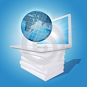 Laptop and globe on white stack of books