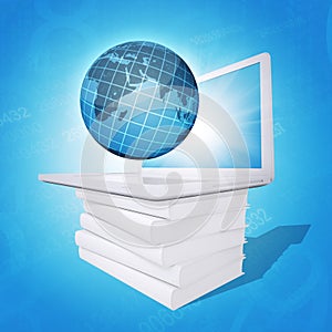Laptop and globe on white stack of books
