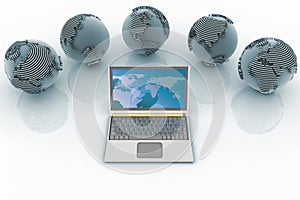 Laptop and globes. Conception global computer network