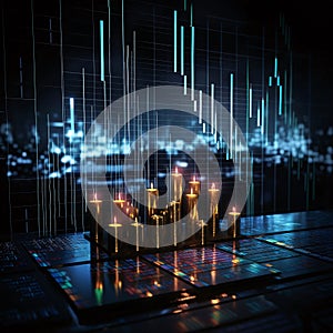 Laptop with glowing candlestick chart on abstract background. 3D rendering