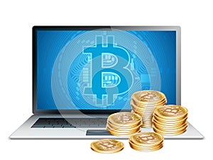 Laptop and Golden Bitcoins