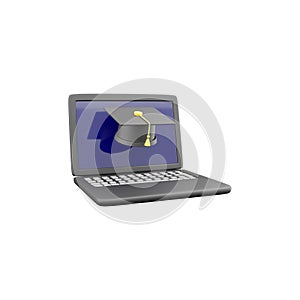 Laptop and Graduation Hat 3D Illustration. 3D render laptop, graduate hat Icon on white background