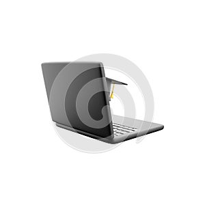 Laptop and Graduation Hat 3D Illustration. 3D render laptop, graduate hat Icon on white background