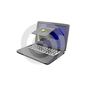 Laptop and Graduation Hat 3D Illustration. 3D render laptop, graduate hat Icon on white background