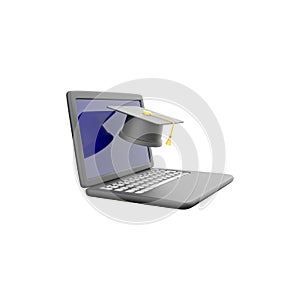 Laptop and Graduation Hat 3D Illustration. 3D render laptop, graduate hat Icon on white background