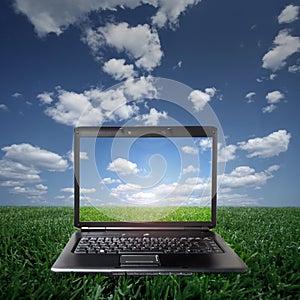 Laptop on green grass on a sunny day