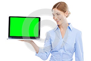 Laptop, green screen and business woman in white background, isolated studio and mockup advertising space. Worker