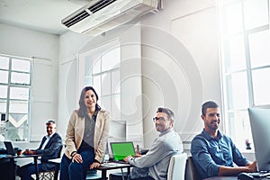 Laptop green screen, teamwork and portrait of business people in office. Collaboration, mockup product placement and