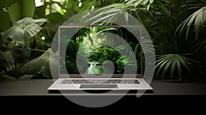 Laptop in green vegetation, representing eco friendliness in build materials