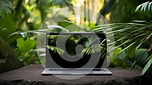 Laptop in green vegetation, representing eco friendliness in build materials