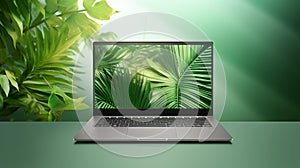 Laptop in green vegetation, representing eco friendliness in build materials